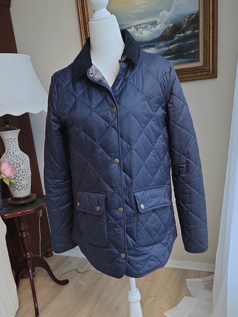 Barbour Navy Oakland Quilt Women's Puffer Jacket with Cord Collar